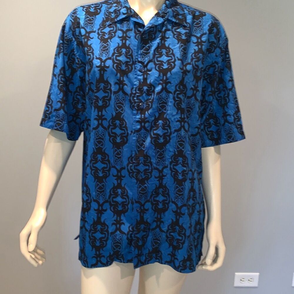 Vintage No Boundaries All Over Print Blue Tribal Graphic Button Up Shirt Medium